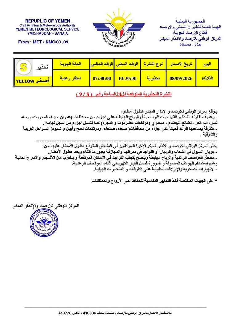 طوارئ جوية وسيول جارفة تضرب هذه المحافظات اليمنية خلال ساعات