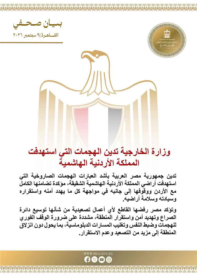 مصر تدين بأشد العبارات الهجمات الصاروخية التي استهدفت الأردن